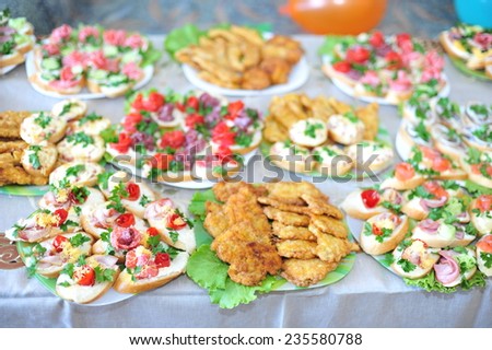 mixed food. Table with food and drink