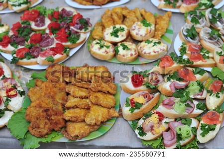 mixed food. Table with food and drink