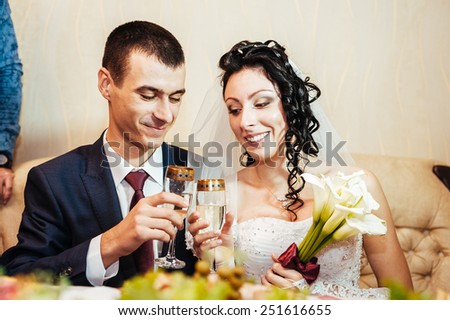 Bride And Groom With Cake Drinking Champagne At Reception. Wedding couple. The bride and groom.