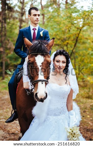 Bride and groom with horse. Portrait of a fashion bride and groom with horse.