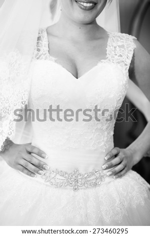 closeup portrait of Breast of sexy bride. vintage black and white photo