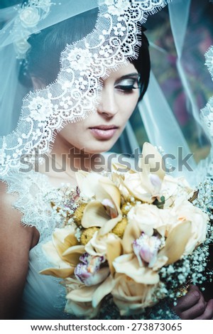 Portrait of the bride with a veil. Wedding theme