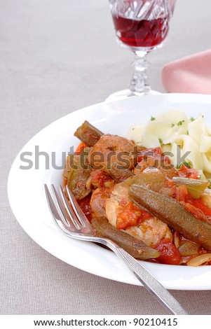 Slow cooked chicken, sausage and okra stew
