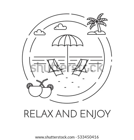 Traveling horizontal banner with beach, palm on island and cocktails in circle. Modern line art elements. Vector illustration. Concept for trip, tourism, travel agency, hotels, recreation card.