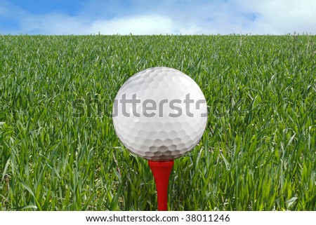 Golf Ball on Tee with green grass and blue sky in the background
