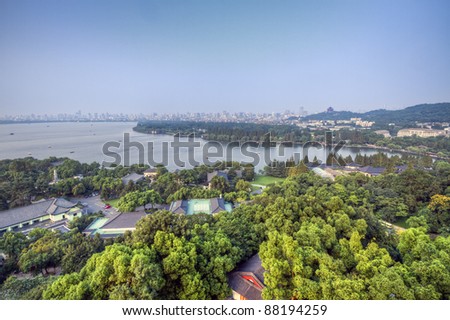Aerial View of the West Lake and the city of Hangzhou, China