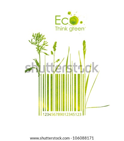 Organic barcode, hand drawn from watercolor stains, isolated on a white background. Think Green. Eco Concept.