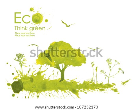 Illustration environmentally friendly planet. Green tree on a meadow from watercolor stains,isolated on a white background. Think Green. Ecology Concept.