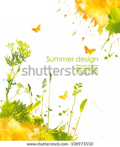 Colorful hand drawn design from watercolor stains Grass butterfly and splash of paint isolated on white background Colorful hand drawn design from watercolor stains Grass butterfly and splash of paint isolated on white background