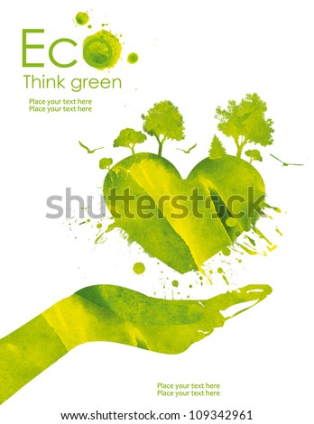 Illustration environmentally friendly planet Heart of our planet and plant on it from watercolor stains isolated on a white background Think Green Ecology Concept Illustration environmentally friendly planet Heart of our planet and plant on it from watercolor stains isolated on a white background Think Green Ecology Concept