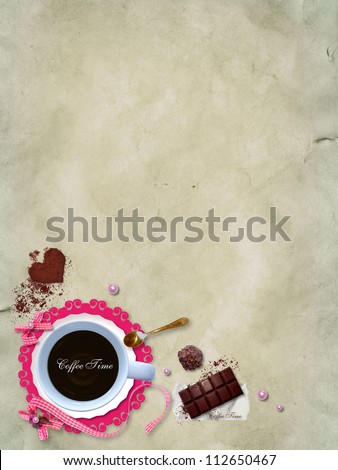 A cup of coffee with a delicious chocolate and candy. Scrap template coffee and sweets, can be used as the cover or menu for cafe