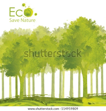 Illustration Environmentally Friendly Planet. Green Tree Planting Or Deciduous Forest On It From Watercolor Stains,Isolated On A White Background. Think Green. Ecology Concept.