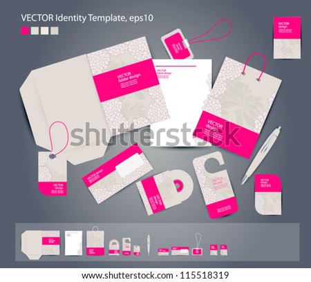Vector corporate design for business: folder, business card, invitation card, packege, badge, blank, pen, dvd cover, envelope on floral background .