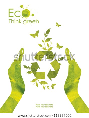 Illustration Environmentally Friendly Planet. Hands And Environmental Sign Recycle, From Watercolor Stains,Isolated On A White Background. Think Green. Ecology Concept.