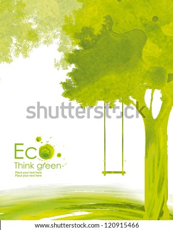 Illustration environmentally friendly planet. Green tree with a swing from watercolor stains,isolated on a white background. Think Green. Ecology Concept.