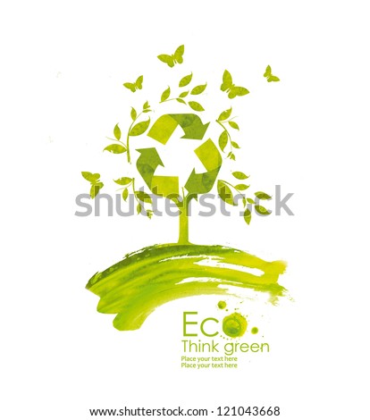Illustration Environmentally Friendly Planet From Watercolor Stains,Isolated On A White Background.. Green Tree Bloom. Recycle Sign. Think Green. Ecology Concept.
