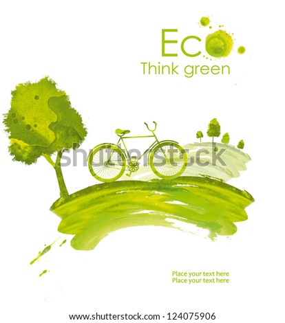 Illustration environmentally friendly planet. Landscape with hills, green trees and ecology bike driving, hand drawn from watercolor stains, isolated on a white background. Think Green. Eco Concept.