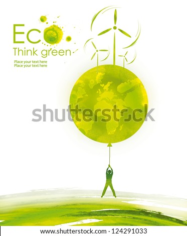 Illustration environmentally friendly planet.Green landscape, planet and wind-turbine, hand drawn from watercolor stains, isolated on a white background. Think Green. Eco Concept.