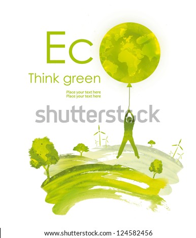 Illustration environmentally friendly planet.Green landscape, planet and wind-turbine, hand drawn from watercolor stains, isolated on a white background. Think Green. Eco Concept.