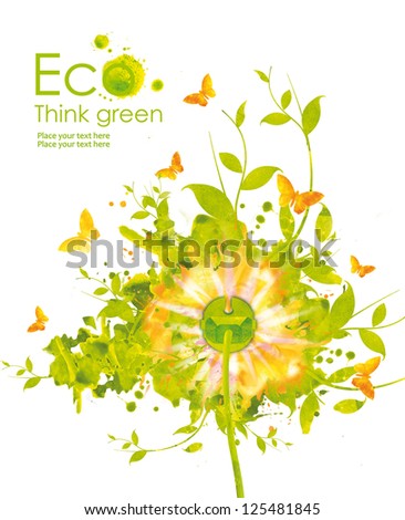 Energy concept.Illustratio n environmentally friendly planet. Green socket, grass, butterfly and splash of paint,from watercolor stains,isolated on a white background. Think Green. Ecology Concept.