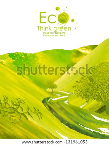 Illustration environmentally friendly planet. Green tree planting or deciduous forest on it from watercolor stains,isolated on a white background. Think Green. Ecology Concept.