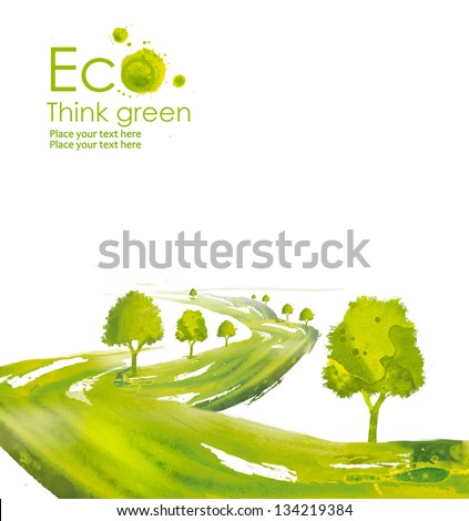 Illustration environmentally friendly planet. Green tree along the road planting from watercolor stains,isolated on a white background. Think Green. Ecology Concept.