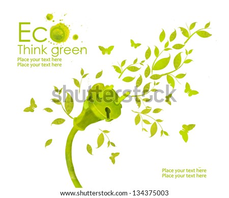 Energy Plug.Illustration Environmentally Friendly Planet. Green Socket, Grass, Butterfly And Splash Of Paint,From Watercolor Stains,Isolated On A White Background. Think Green. Ecology Concept.