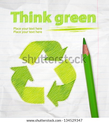 Illustration of reuse, reduce, recycle sign, ?rawn using a pencil, isolated on a white background. Environmentally friendly poster. Think Green. Ecology Concept.