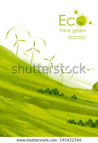 Illustration Environmentally Friendly Planet.Green Hills And Wind Turbines, Hand Drawn From Watercolor Stains, Isolated On A White Background. Think Green. Eco Concept.