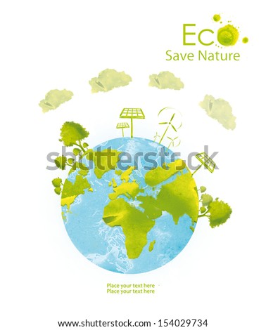 Illustration Environmentally Friendly Planet. Solar Panel And Wind-Turbine, Hand Drawn From Watercolor Stains, Isolated On A White Background. Think Green. Eco Concept.