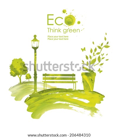 Illustration environmentally friendly planet.Green trash, tree,flashlight and a bench in the park, hand drawn from watercolor stains, isolated on a white background. Think Green. Eco Concept.
