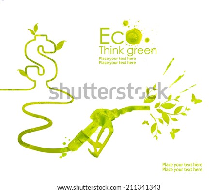 Illustration environmentally friendly planet.Green gas pump nozzle and biofuel, hand drawn from watercolor stains, isolated on a white background. Think Green. Eco and alternative energy concept.
