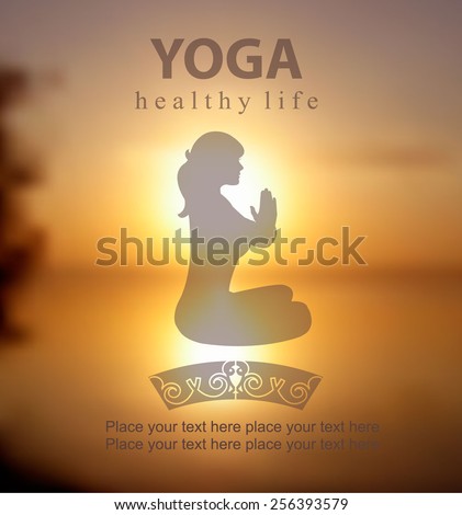 Vector blurred sunset background with  Silhouette of Young Woman Practicing Yoga In the Lotus Position, her hands in prayer  Yoga class. Yoga exercises and recreation. Healthy Lifestyle Concept