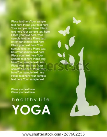 Vector blurred nature background with Silhouette of Young Woman practicing Yoga Posing. Yoga class. Yoga studio. Yoga exercises and recreation. Healthy Lifestyle Concept