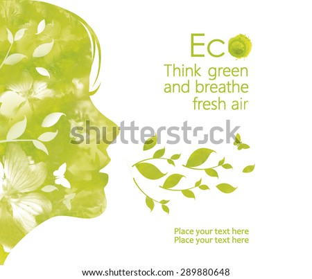 Profile face of young  woman  from watercolor stains,isolated on a white background.  Illustration environmentally friendly planet. Think green and breathe fresh air.  Ecology Concept.