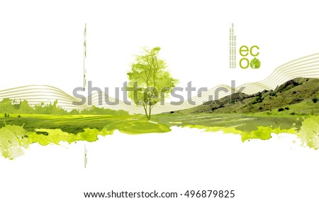 Illustration of environmentally friendly planet. Green hills and field with tree planting from watercolor stains,isolated on a white background. Think Green. Ecology Concept. Environmental awareness.