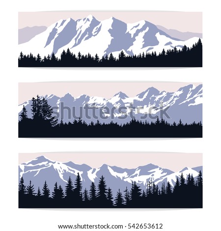Set of three landscape banners with silhouettes of cold distant mountains and forest. Realistic vector illustration of winter nature