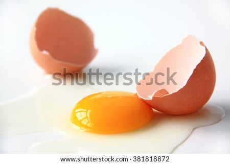 A cracked egg with an egg shell, egg yolk and egg white