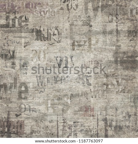 Old grunge newspaper paper textured square background. Vintage newspaper texture. Newsprint typed sheet. Unreadable aged page. Gray brown beige collage news pages background.