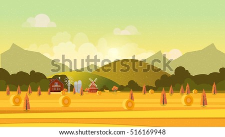 Countryside landscape with haystacks on fields. Rural area landscape. Hay bales. Farm flat landscape. Organic food concept for any design