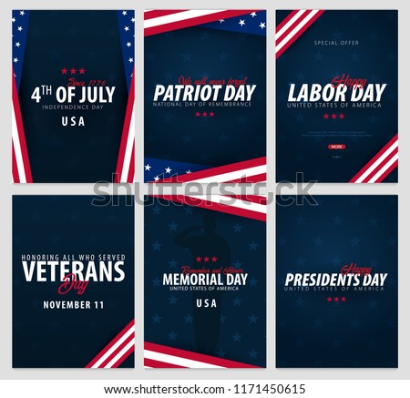 Set of USA celebrations. Public Holidays. 4th July, Patriot and Labor day, Veteran\'s day, Memorial and Presidents day