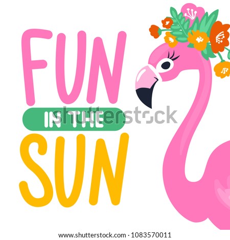 Vector summer card with funny pink flamingo. Trendy illustration. Tropical bird. Animal exotic. Element for print design, greeting card, posters, party decorations.  Cute flamingos. Fun in the sun.