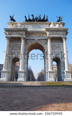 Historical marble arch Arco della Pace, Sempione square, Milan, Lombardy, Italy