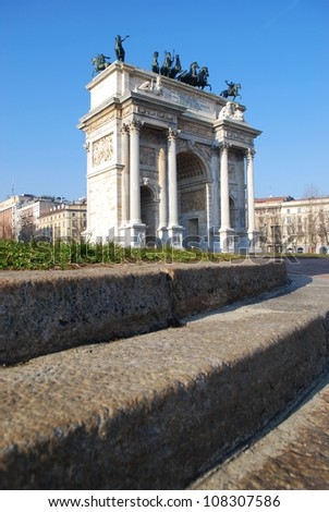 Antique marble arch Arco della Pace, Sempione square, Milan, Lombardy, Italy
