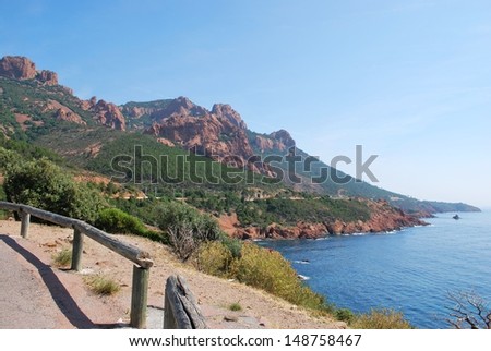 The Esterel Massif, red rocks on the Corniche d\'Or road on Mediterranean sea, Var, Provence, France