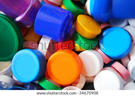 Multicolored plastic bottle caps for recycling