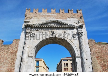 Augustus\' triumph arch detail, historical famous roman landmark, Rimini, Italy