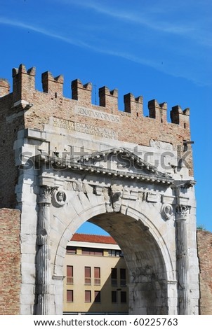 Augustus\' triumph arch detail, historical famous roman landmark, Rimini, Italy