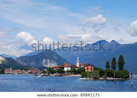 Panorama of Lake Maggiore and Fishermen Island with Alps mountains in background, Piedmont, Italy