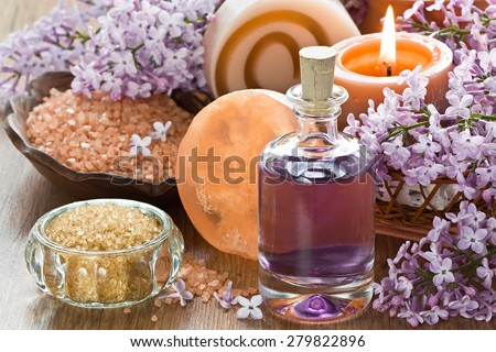 Aromatherapy essential oil, brown sugar, sea salt, natural soap and lilac flower